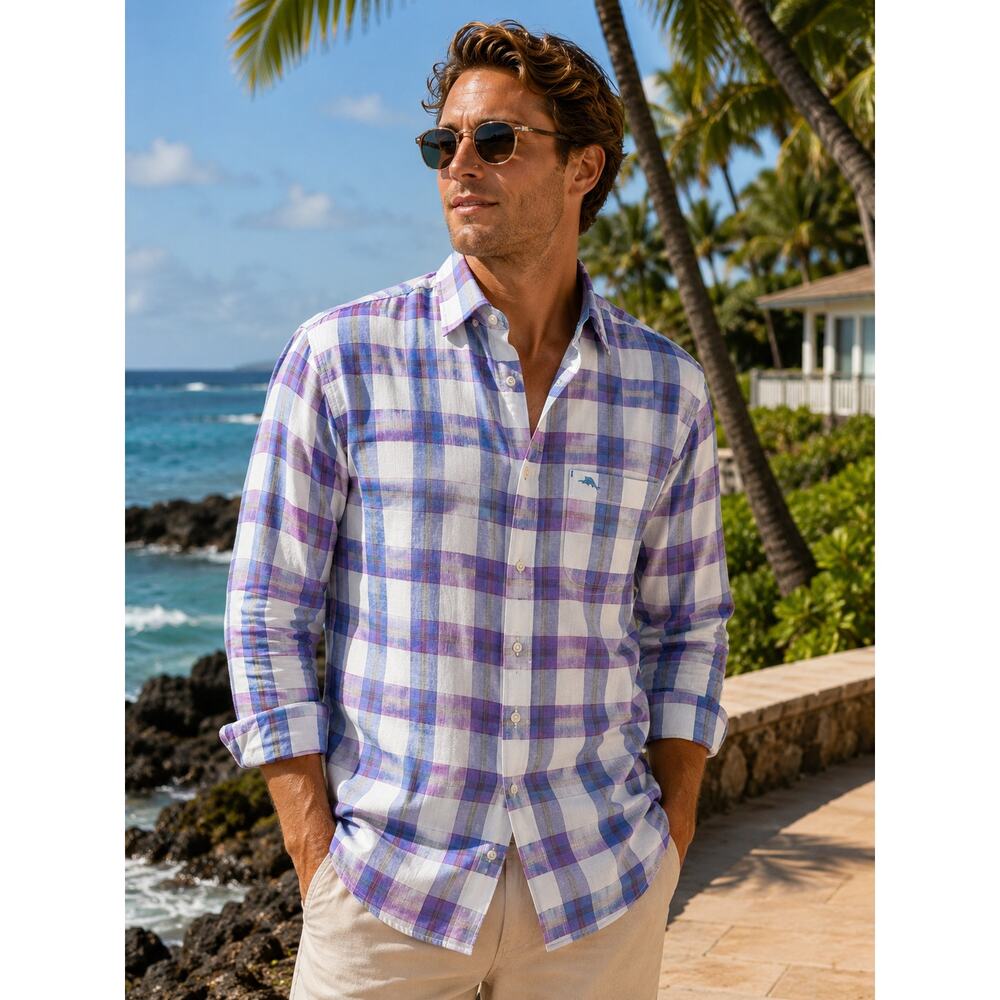 Tommy Bahama Linen Blend Plaid Button Up Shirt Large Coastal Resort
